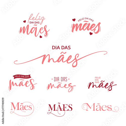 Set of Mother's Day handwriting text style in portuguese