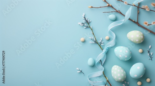 Easter themed image with pastel eggs, blue ribbon, and spring branches.