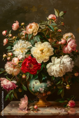 a painting of a bouquet of a peony flowers in a small vase, on a table © Nica