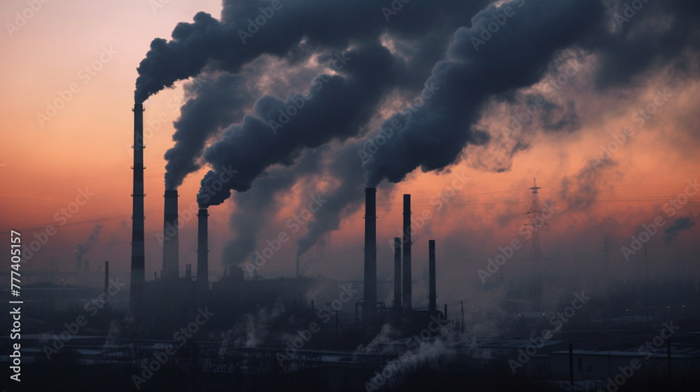 industrial smokestacks emitting dark plumes of pollution into the atmosphere - obrazy, fototapety, plakaty 