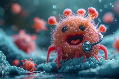 A close-up of a cute erythrocyte character with a stethoscope examining a heart cell, highlighting the importance of cardiovascular health monitoring