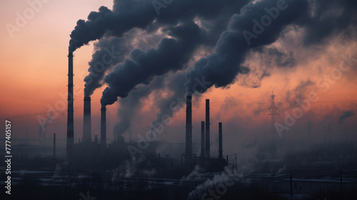 industrial smokestacks emitting dark plumes of pollution into the atmosphere