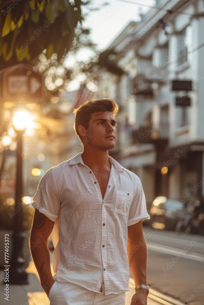 American man, American model, bronzer, walking down the street in light short-sleeved shirts 