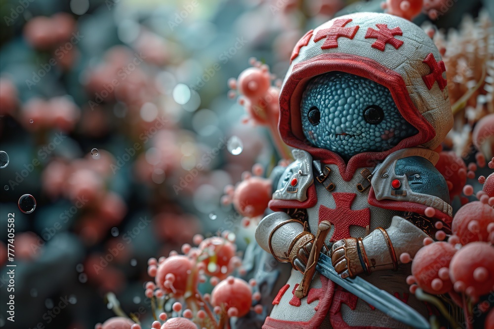 A close-up of an erythrocyte character as a knight with armor, symbolizing its protective role against pathogens in the bloodstream