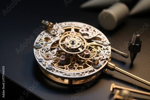 Watch  construction Meticulous construction of a Swiss watch, Close-up of delicate mechanical watch internal structure, AI generated