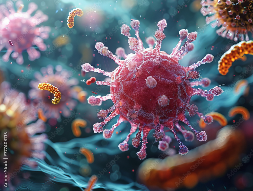 Obraz premium A detailed close-up of a white blood cell engaging in combat with a virus, showcasing the fierce battle at the cellular level