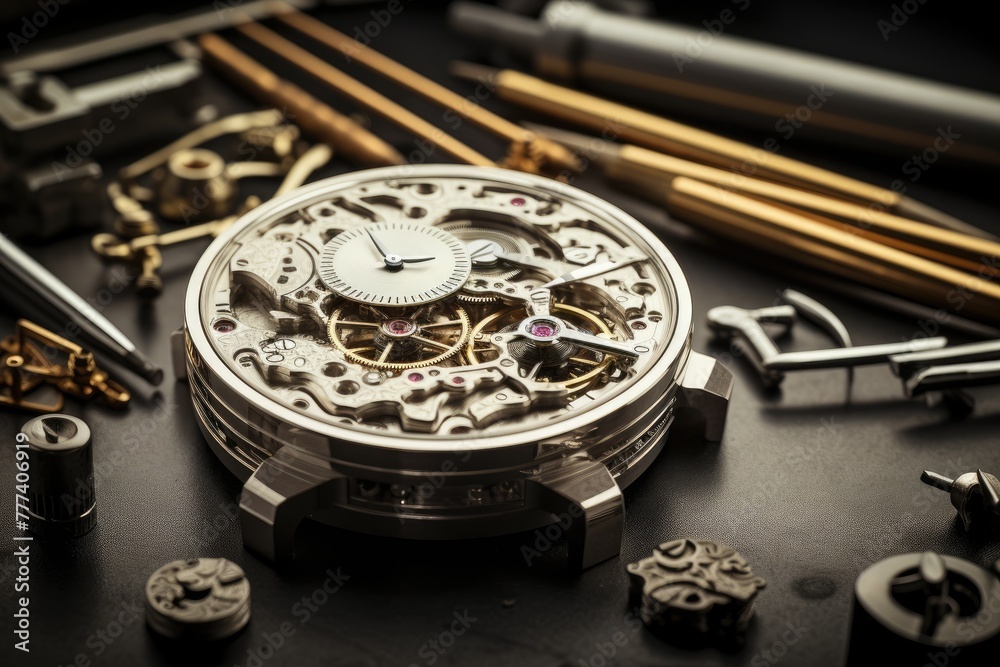 Watch  construction Meticulous construction of a Swiss watch, Close-up of delicate mechanical watch internal structure, AI generated