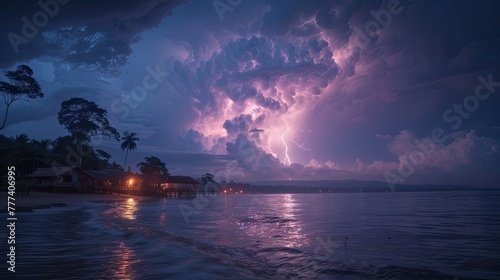 Thunderstorm over tropical beach at night