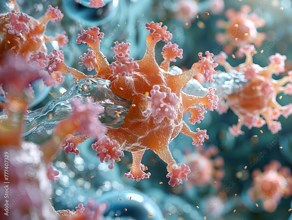 Naklejka premium A close-up showcasing the complex surface of a white blood cell with receptors securing an antigen, illustrating the specificity of immune response