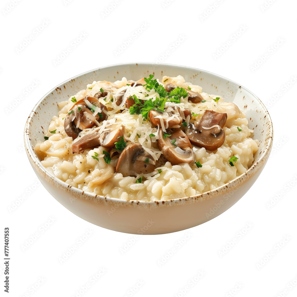 A bowl of mushroom risotto with cheese and parsley A bowl of mushroom risotto with cheese and parsley