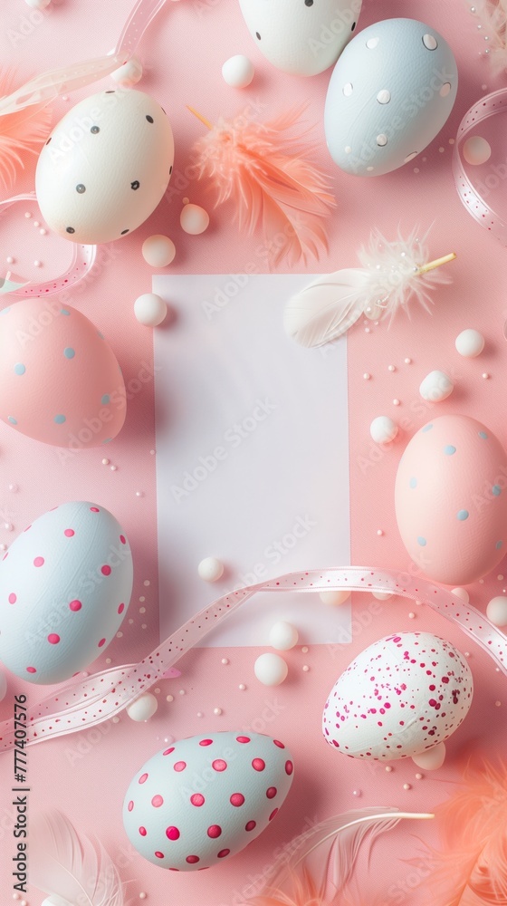 Festive Easter arrangement with pastel eggs, feathers, and copyspace