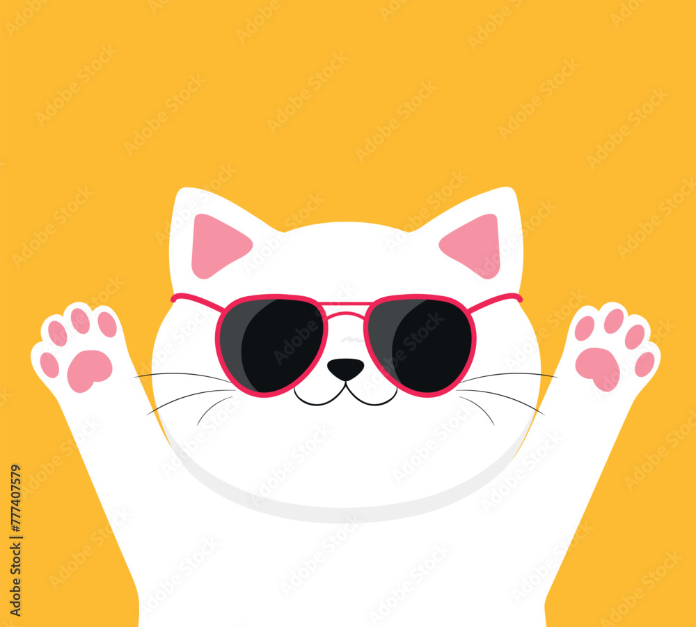 Fototapeta premium White cat wearing sunglasses. Cool stylish cat on yellow background. Cute cartoon character. Vector illustration