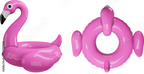 flamingo swimming ring 3d illustration. infaltable flamingo realistic illustration top and side view