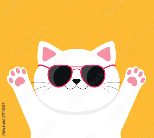 White cat wearing sunglasses. Cool stylish cat on yellow background. Cute cartoon character. Vector illustration