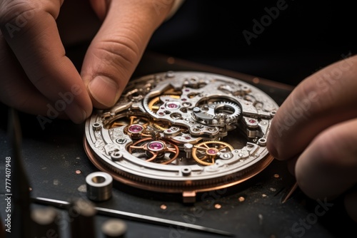 Watch construction Meticulous construction of a Swiss watch, Close-up of delicate mechanical watch internal structure, AI generated