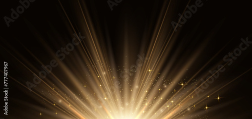 Elegant golden light ray on black background with lighting effect and sparkle with copy space for text. Luxury design style.