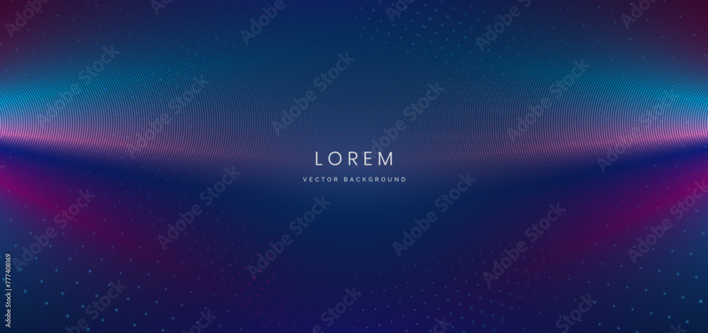Abstract technology futuristic neon blue and pink circle lines with glitter light and glowing effect on dark blue background.