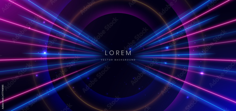 Abstract technology futuristic neon glowing blue and pink light lines with lighting effect on dark blue background.