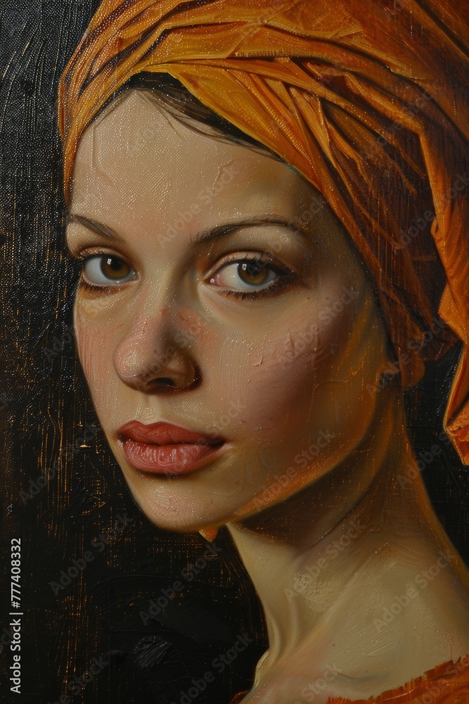 Muslum woman, beautiful girl, looking camera, in Italy, woman full turban no hair, classic art, oil paintings, barroque style