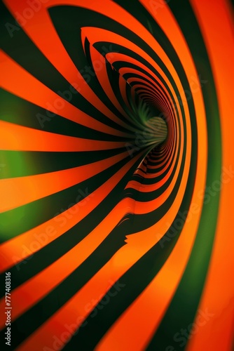 op art  orange and black stripes with green highlights  3d effect