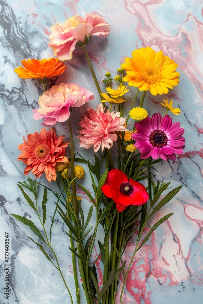Realistic photo of colorful fresh flowers on a pastel marble backgound