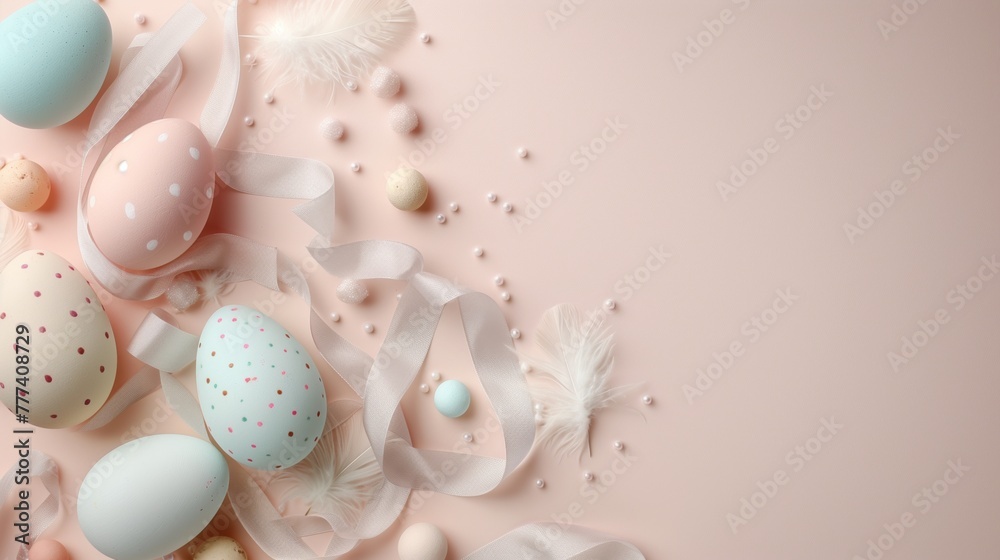 Pastel Easter eggs with ribbons, feathers, and pearls on pink background