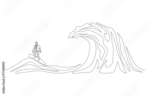 Continuous one line drawing of businessman surfing big oceanic wave  business challenge or overcoming difficulty at work concept  single line art.