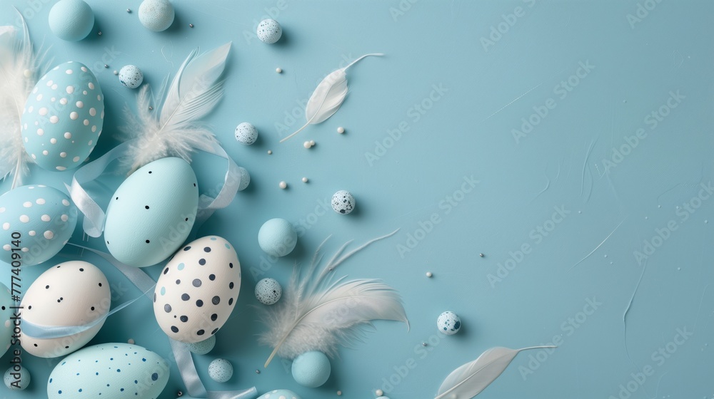 Easter eggs and feathers on a pastel blue background with copyspace.