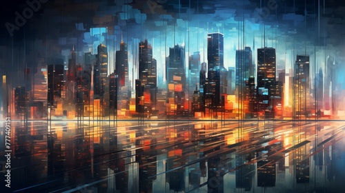 Captivating illustration of numerous towering skyscrapers in a big city during the night, exuding both mysterious depths and breathtaking beauty. © arayabandit
