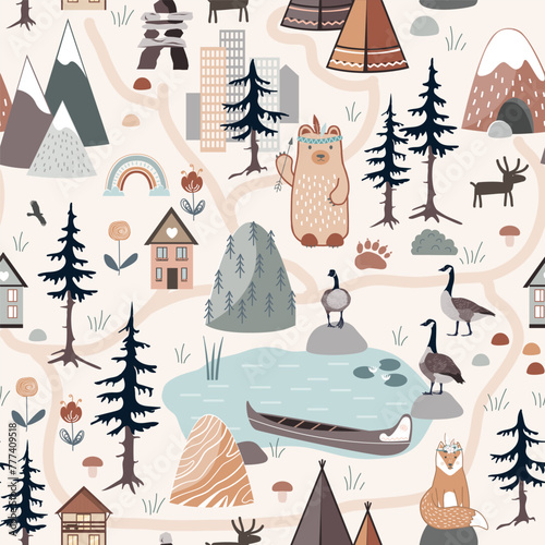 Wild nature seamless pattern. Forest, mountains, Indian teepee and canoe, houses and animals. Background for adventure cards, preschool and children room decoration, rugs and wallpapers. Vector © Toltemara