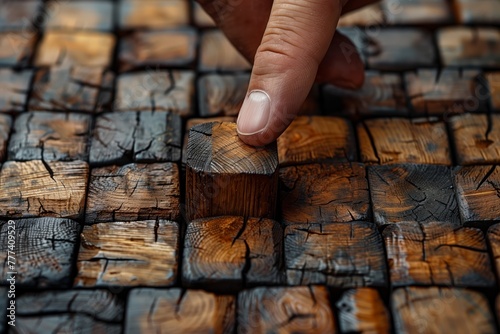 A person is making a gesture by touching a piece of wood on a wooden table, feeling the texture of the property. The wood has a unique font pattern in rectangular shapes © RichWolf