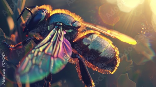 Close-up of a bee with iridescent wings shimmering in sunlight © 220 AI Studio