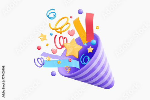 3D Party popper emoji with explosion confetti. Birthday surprise. Firecracker with serpentine. Holiday and event celebration. Cartoon creative design 3d vector icon isolated on white background