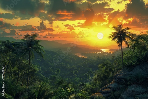 Breathtaking Tropical Paradise at Sunset with Lush Palm Trees, Golden Skies, and Serene River Landscape