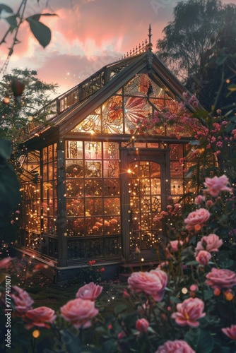 high angle, exterior of a vibrant neon pink floral stained glass greenhouse with golden details, 