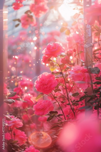 high angle, exterior of a vibrant neon pink floral stained glass greenhouse with golden details, 