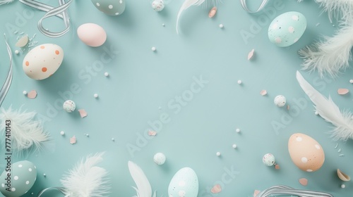Easter themed flat lay with decorated eggs, feathers, and confetti
