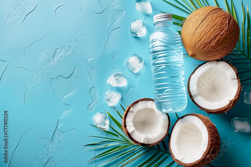 Bottle of water and coconuts on blue background, top view with copy space. Refreshing vegetarian drinks. Healthy food concept.