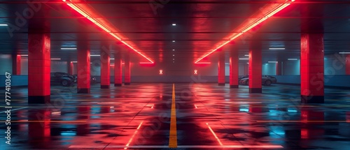 An Underground Garage Illuminated With Neon Light. Illustration On The Theme Of Architecture And Industrial Premises.  Generative AI	
