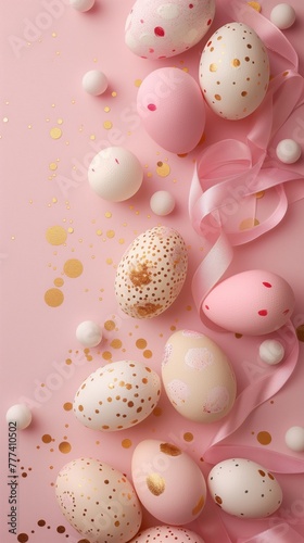 Elegant decorated Easter eggs with golden details on a pink background