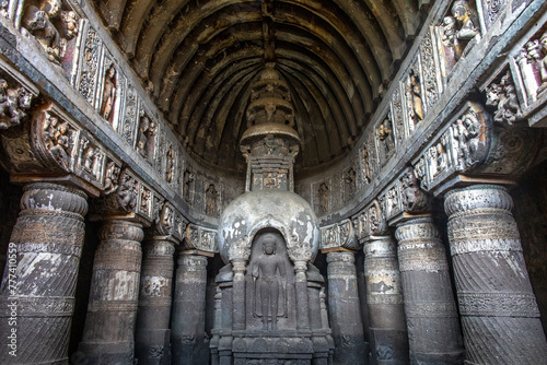 Ajanta caves  a UNESCO World Heritage Site in Maharashtra  India. Inside worship hall of cave 19.