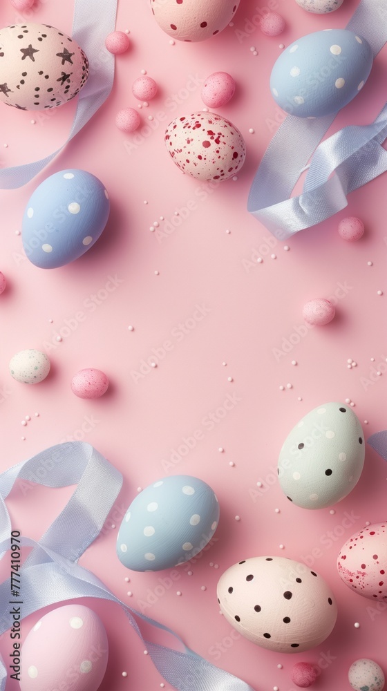 Pastel Easter eggs with patterns, candy, and ribbons on a pink background