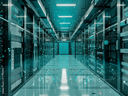 A corridor between rows of server racks in a data center, with floating particles and blue lighting, illustrating a technology concept. Generative AI