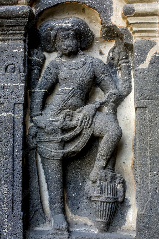 Ellora caves, a UNESCO World Heritage Site in Maharashtra, India. Detail of the sculptural panel on the main Kailash temple wall (exterior)