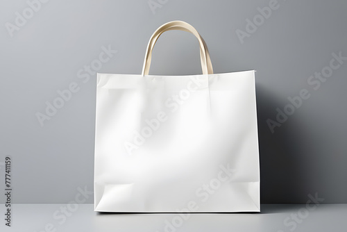Realistic Paper Shopping Bag on White Background Mockup image, Recycled paper shopping bag on white background, Paper bag on the wooden background