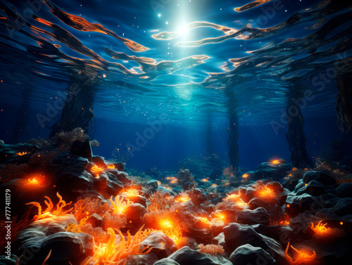 An underwater landscape with glowing elements and rocks, artistic style, serene deep blue background, concept of a fantasy marine ecosystem. Generative AI