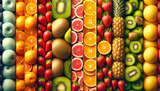 Colorful array of various fruits in vertical stripes on a bright background, depicting the concept of fresh produce, Generative AI. Generative AI