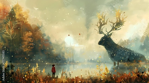 Deer and Child by a River in Digital Fantasy Landscape, This captivating painting showcasing a child and a deer in a dreamlike setting would make an