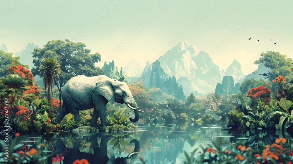 Elephant in Forest and Water Scenery, To provide a striking and unique image of an elephant in various water sceneries for use as a stock photo - obrazy, fototapety, plakaty 