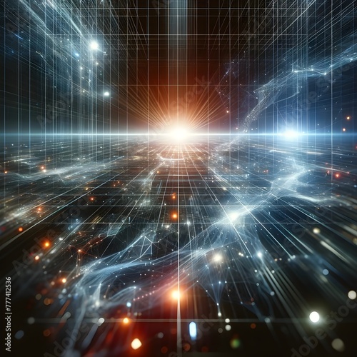 An abstract digital grid landscape with dynamic lights and connecting lines, symbolizing network, data, and connectivity. © GraphzTain